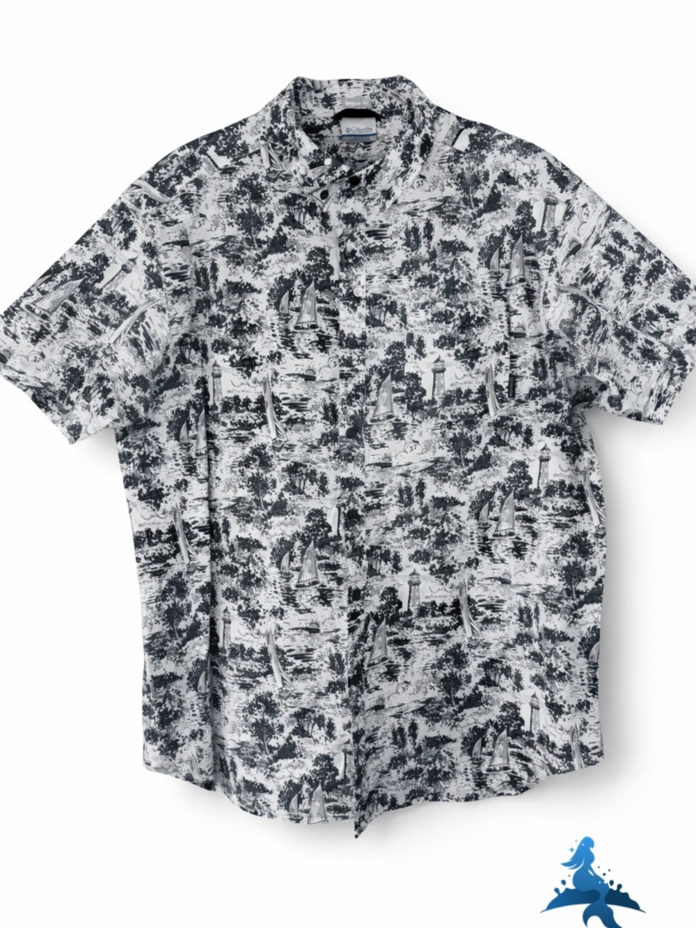 1297 Columbia Button Up Shirt XL Black White Coastal Sailboat Print